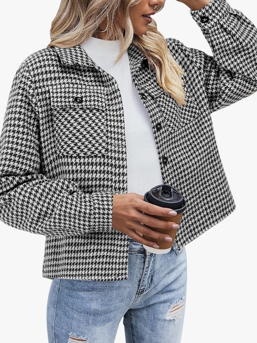 Houndstooth Cropped Shacket Jacket - Black & White